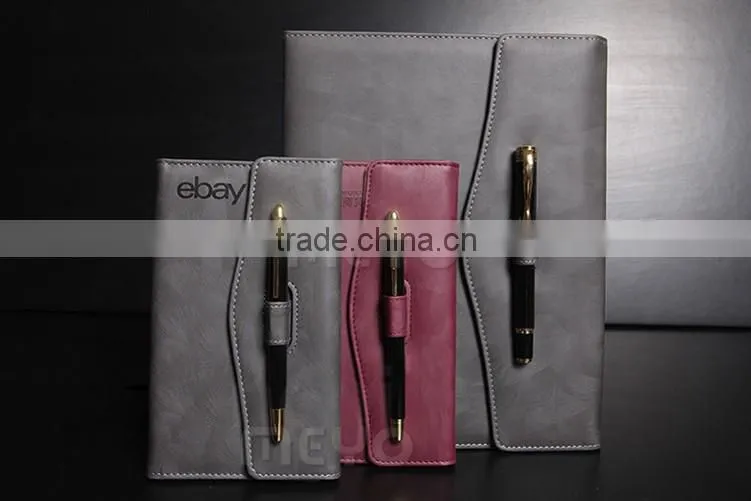 Offical brown leather notebook with locker with silver ballpoint pen gift set