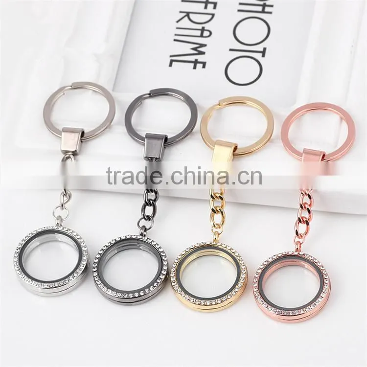 Charming Elegant Silver Plated Lanyard Floating Charm Locket Stylish Round Alloy Blank Photo Keychain