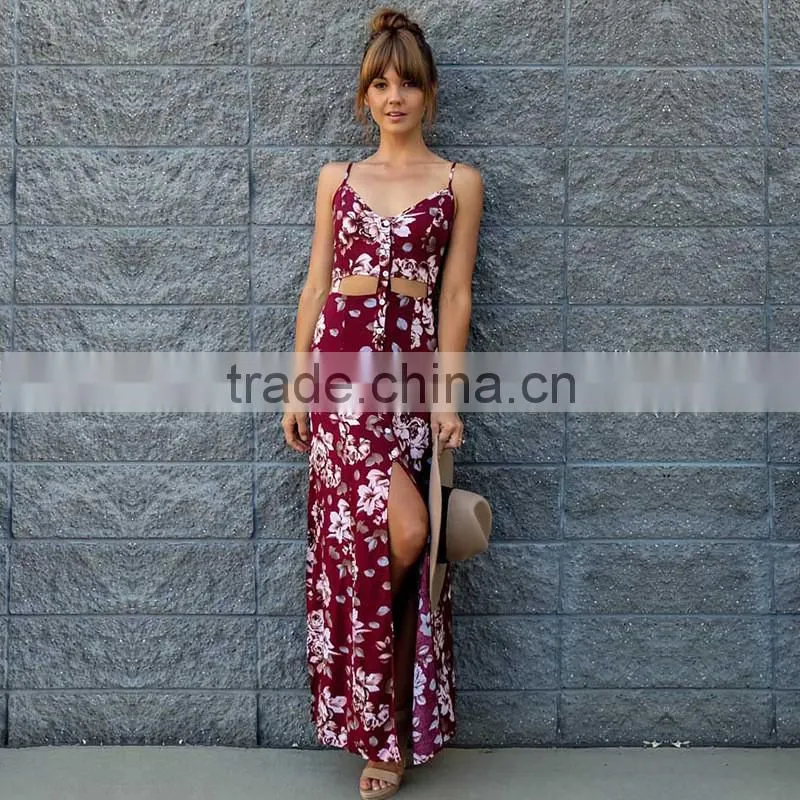 spaghetti strap floral two piece outfit maxi boho dress with button up