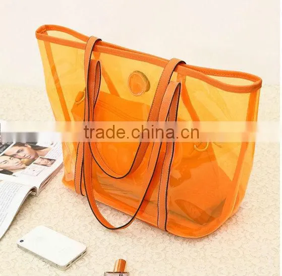 Transparent style 2 in One Women Leather Bags Handbag Clutch Tote Shoulder Bag . PVC beach bags orange
