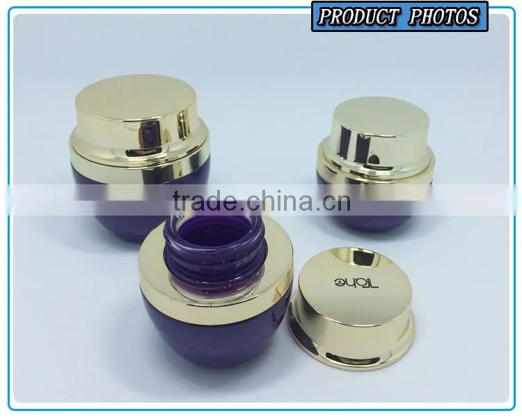 Purple colored cosmetics glass serum dropper bottle and skin face cream jar with silver cap