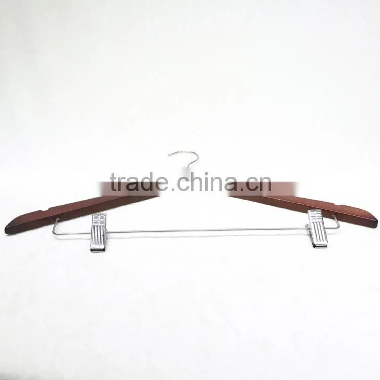 Adjustable wood clothing hanger with clips for dress/suit
