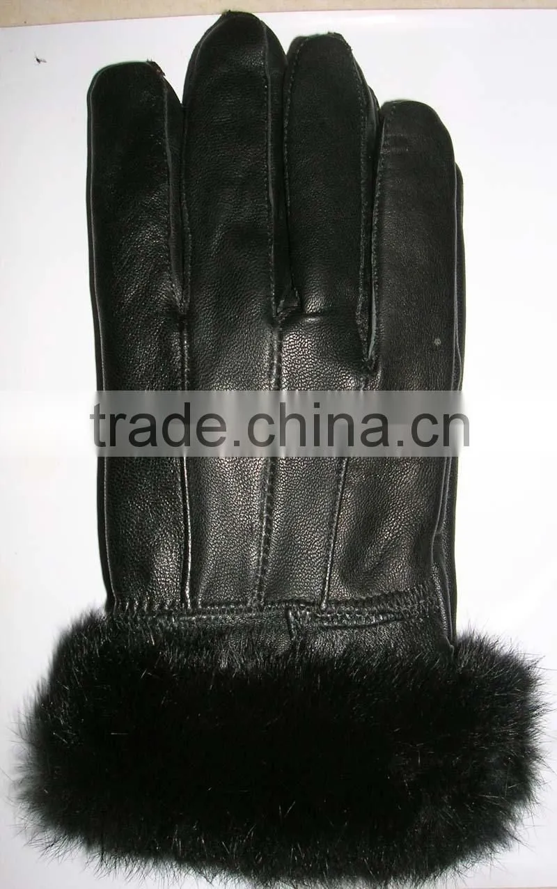 rabbit fur cuff lady real genuine leather gloves LG-06
