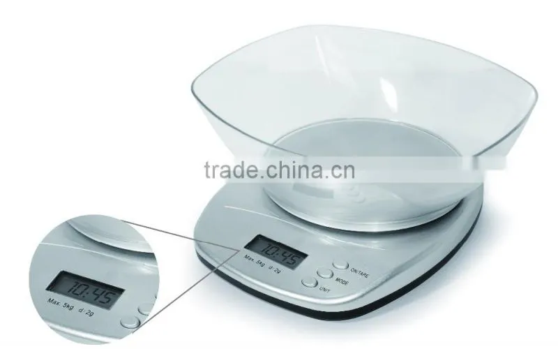 MAX 5KG,fashion design digital kitchen scale with bowl,clock function