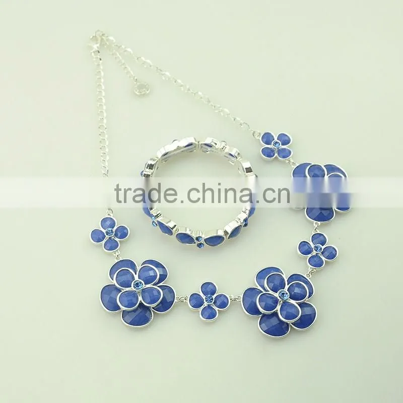 Vintage blue double flower design fashion necklace rhinestone alloy bangles resin necklace set silver women jeweley set