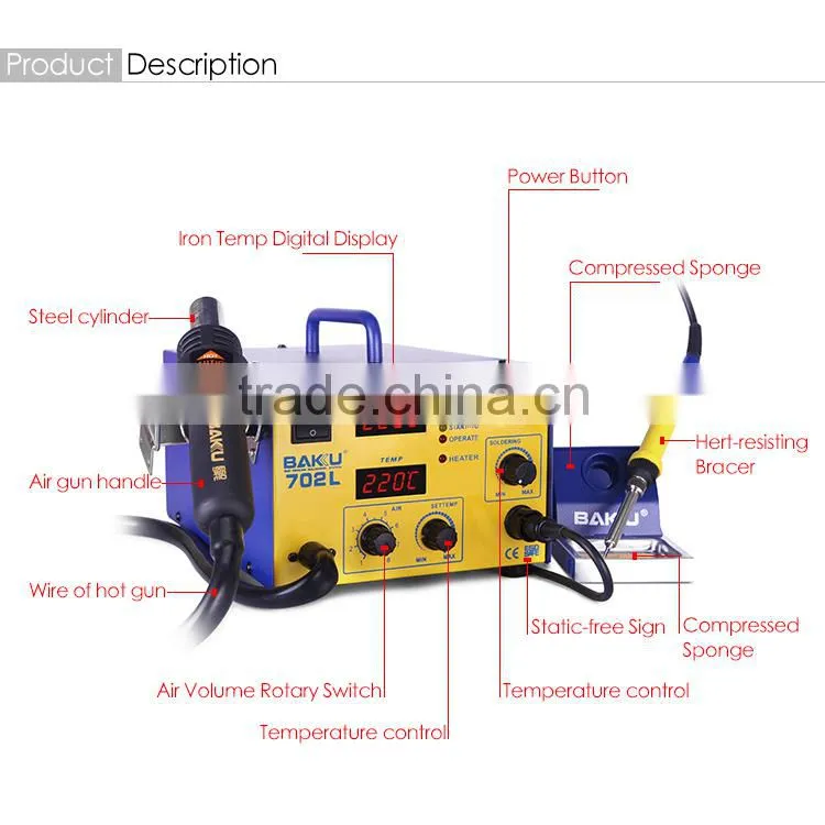 2016 Favourable Price 2 in 1 BAKU New Design BK702L Lead free hot air desoldering SMD Rework Station