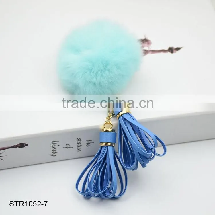 New Leather Tassel Fur Keychain Real Rabbit Fur Pom Pom Key Chain