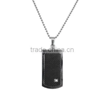 Stainless Steel Pendant- Dog Tag type pendant Carbon Fiber Inlay with a little gem