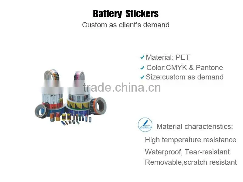 2016 Custom Hot Sale High Quality PET Adhesive Battery Sticker lable