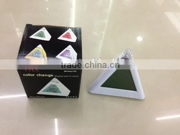 Top sale triangle color changing digital alarm clock/desk clock/calendar clock