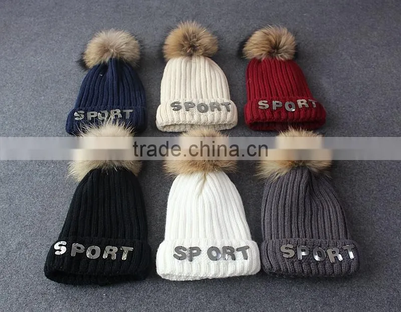 Womens Winter Cap real raccoon fur poms hat with plush thicken knit cap Embroideried