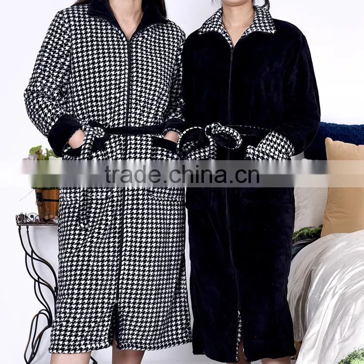 Houndstooth printed coral fleece long style zipper reversible bathrobe