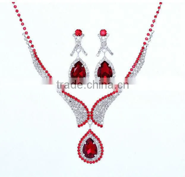 2014 New Vintage Bridal Princess Red Crystals Water Drops Wedding Jewelry Set with Special Elements,Gem Earring and Necklace Set