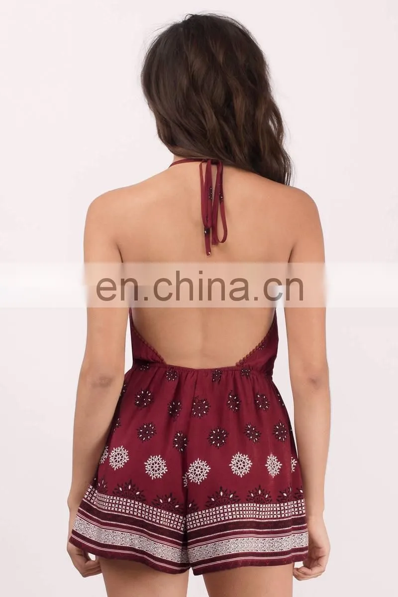 Rayon Halter Neckline Location Print Backless Romper Women