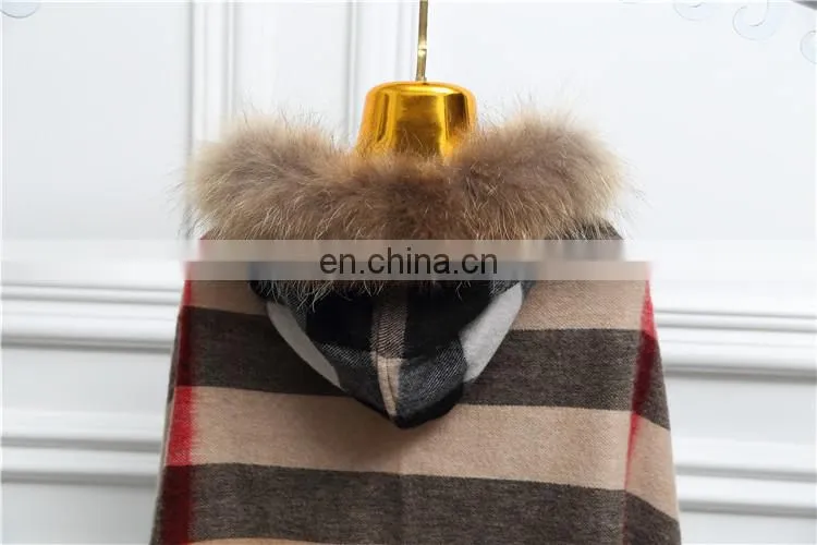 Fashion Women Real Raccoon Fur Hood Shawl Wool Cashmere Scarves Shawls