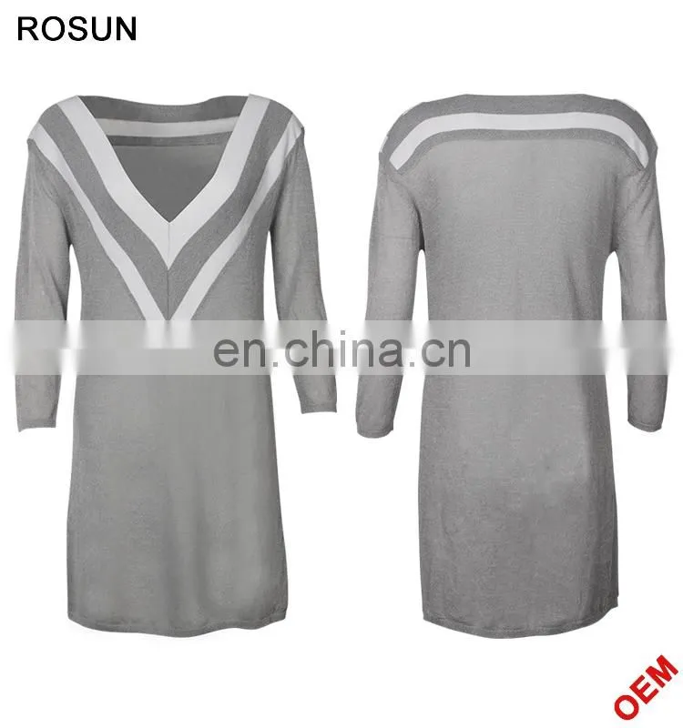 Ladies V-neckline Uniform Pattern Long Knit Dress in Gery