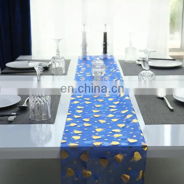 2015 Most Popular Home Textile Bronzing Gold Heart Pattern On Organza Nnavy Blue Table Runner