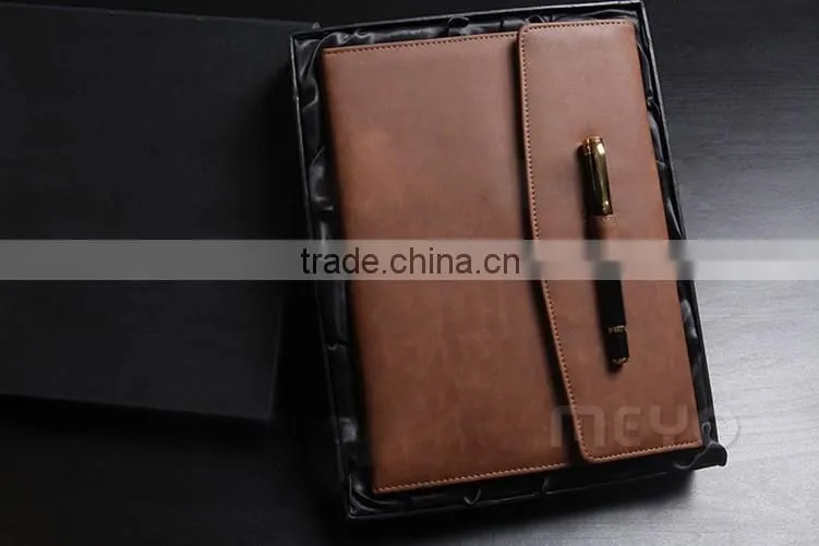 Offical brown leather notebook with locker with silver ballpoint pen gift set