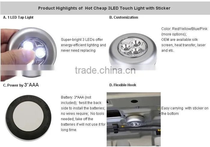 Hot Cheap 3LED Touch Light with Sticker