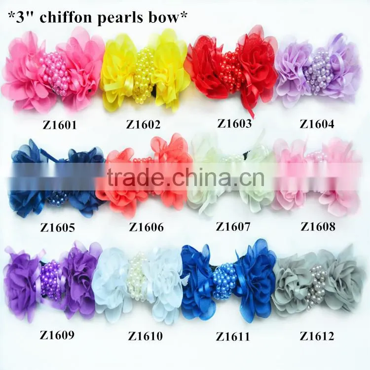 Wholesale handmade 3" chiffon fabric rhinestones with pearls bow,chiffon pealrs flower brooches hair bow