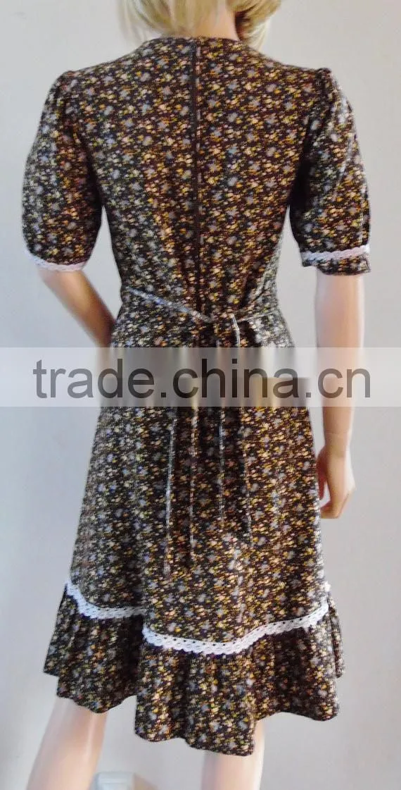 summer French petite midi 70s brown vintage women casual one piece dress in floral print