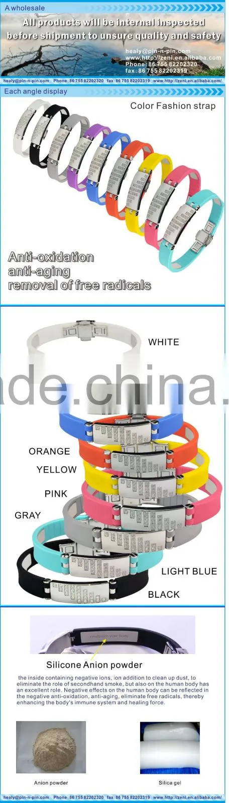Fashion silicone 316L stainless steel energy bracelet for men