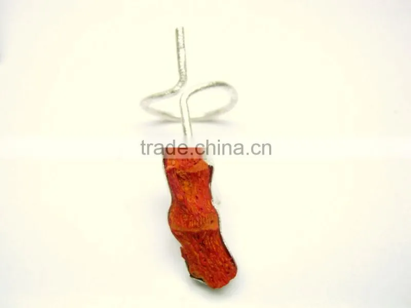 Coral Raw Natural Gemstones Ring, Matt Finish Adjustable Rings, 925 Solid Sterling Silver Coral Rings
