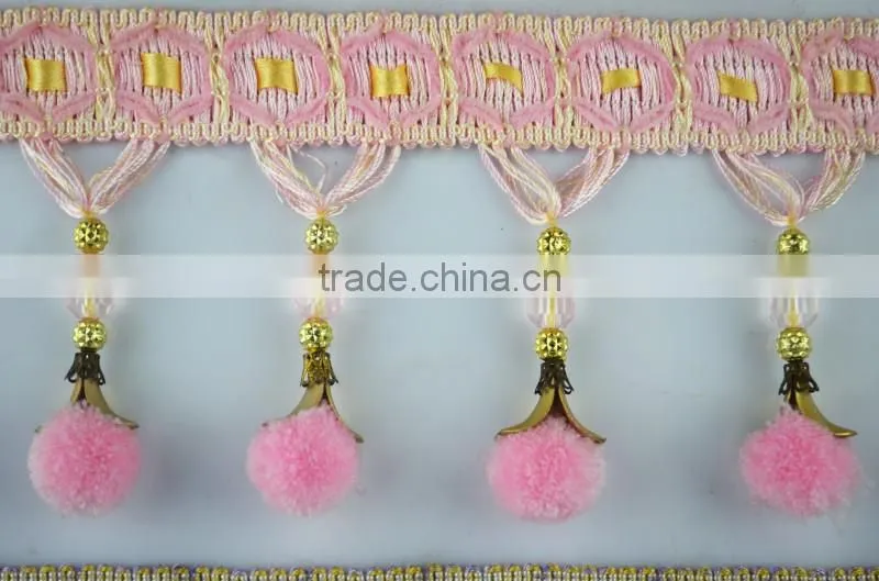 hot pom pom curtain tassel fringe trimming,fancy pom pom tassel fringe