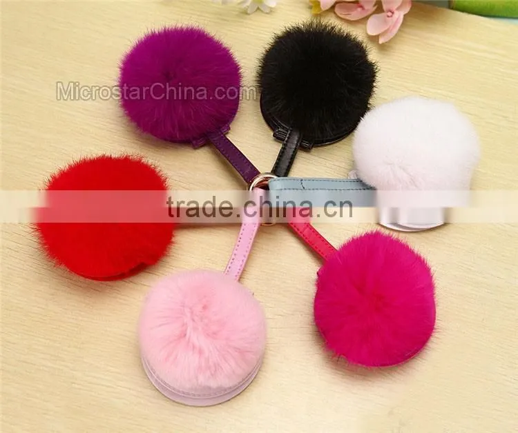 9cm Genuine Rex Rabbit Double Makeup Mirror Keychain Fur Ball Key Chain