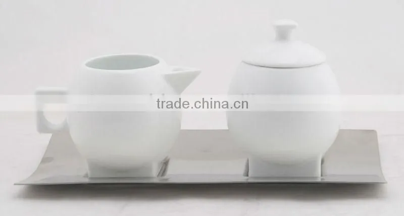 ceramic sugar and milk pot or bowl with s/s tray