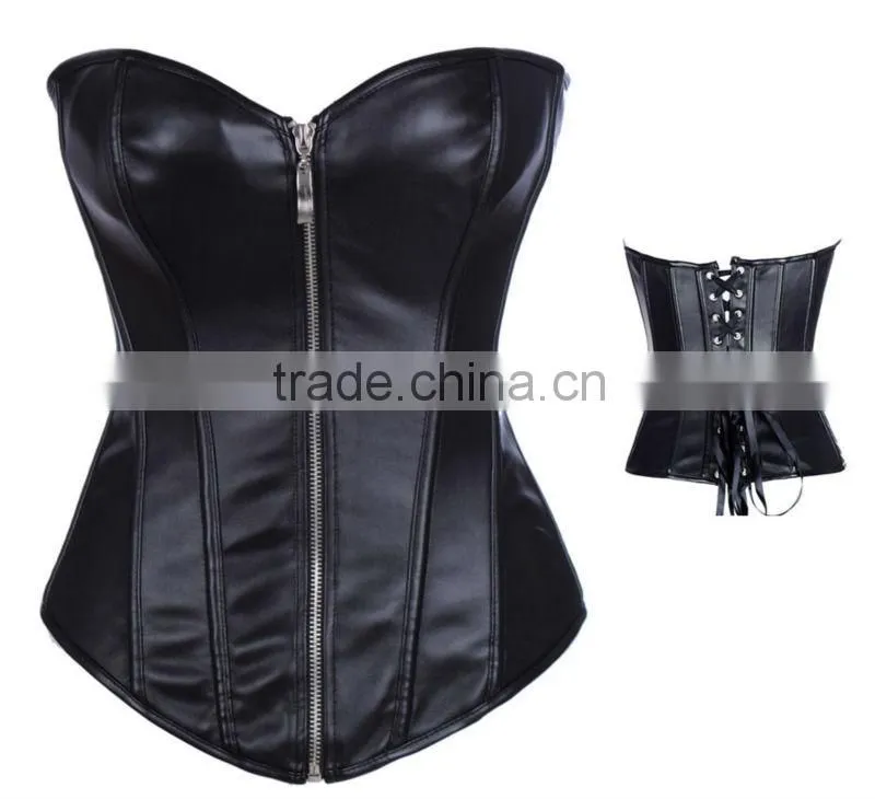 2014 New fashion front zipper overbust xxxl sexy leather corset