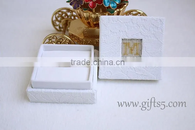 White wedding boxes for ring package with beaded name plate of M