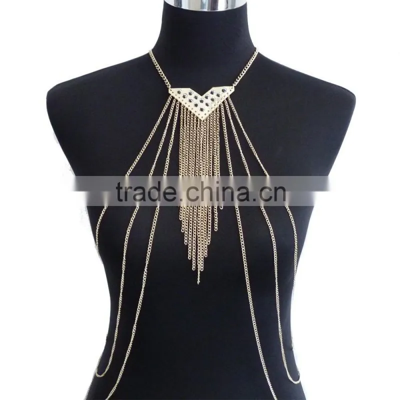 Crystal body jewelry multilayer tassel body chain