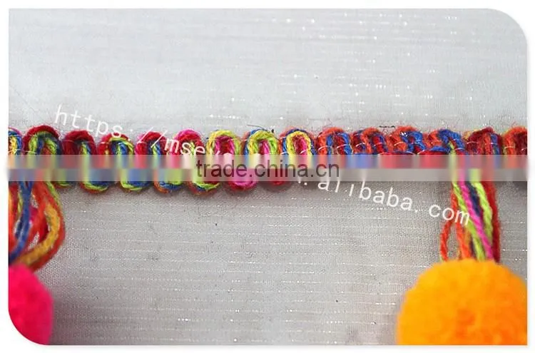 Fashional design 5cm width corchet cotton rainbow pom pom for garment