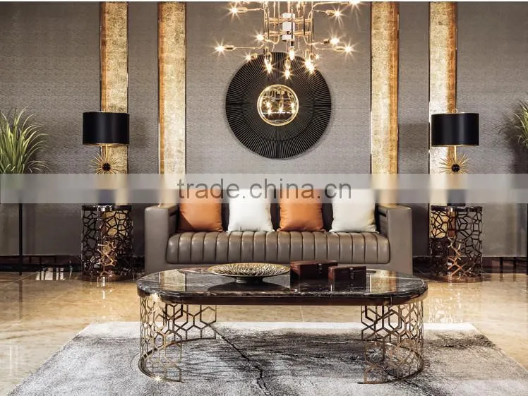 Artistic Grey Color Genuine Leather Living Room Sofa, Golden Color Stainless Steel Coffee Table With Marble Top(MOQ=1 SET)