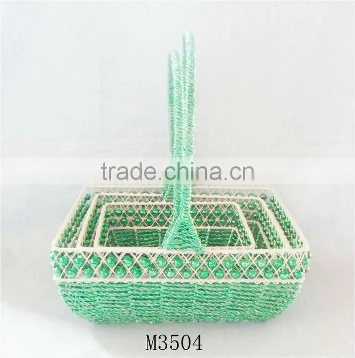 Set of Three Green Paper rope storage basket with bead