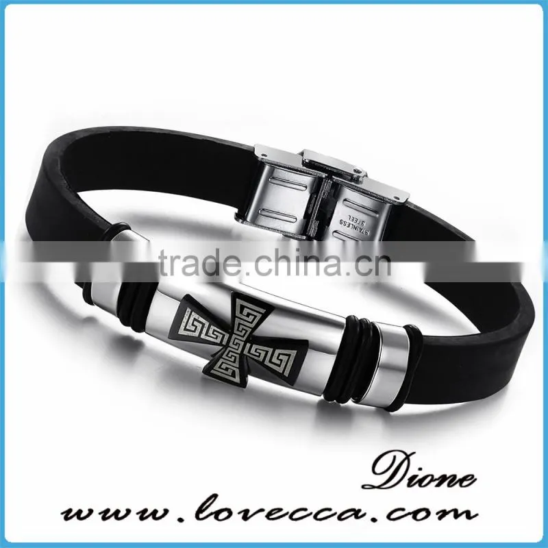 Charm Rubber Silicone Chain Gold Cross wristband bracelet for mens with stainless steel buckle