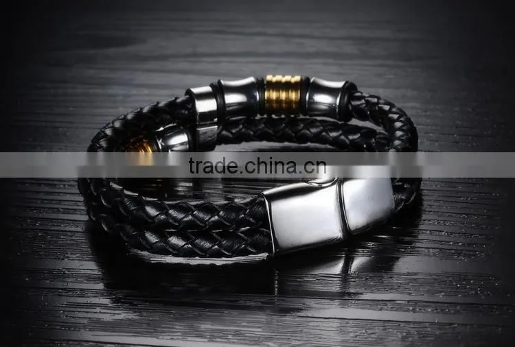 Stainless steel & leather mens bracelet , braided genuine leather bracelet men stainless steel