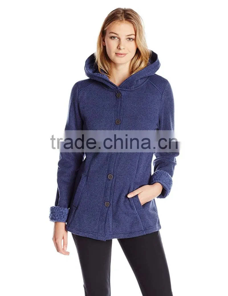 Blank Hooded Varsity Jacket 100% Polyester Heather Sweater Rib Fleece Knit And Sherpa Fleece Lining Women Hooded Jacket
