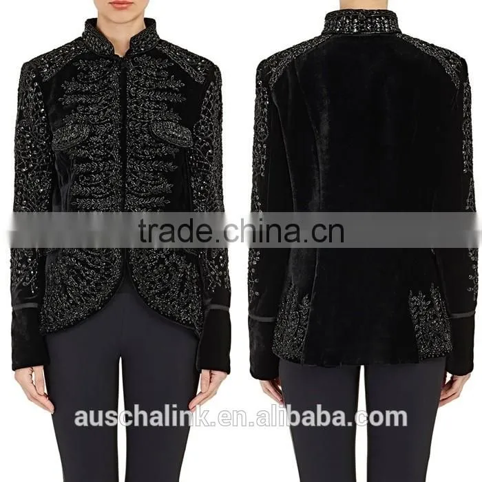 2016 high quality lady fancy embellished black velvet jacket