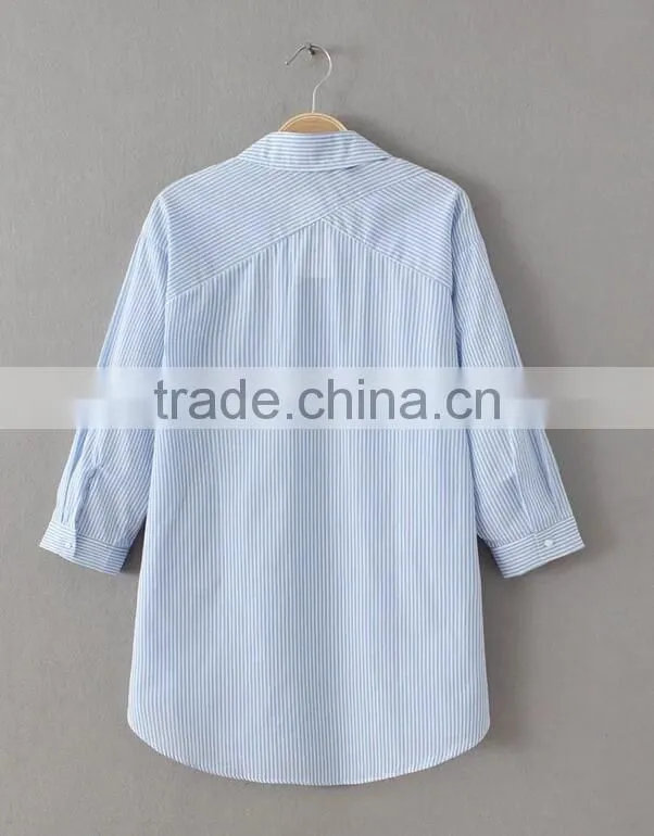 Runwaylover EY2326B 2017 Latest Blouse Design Women's Blue Striped Cold Shoulder tie sleeve shirt
