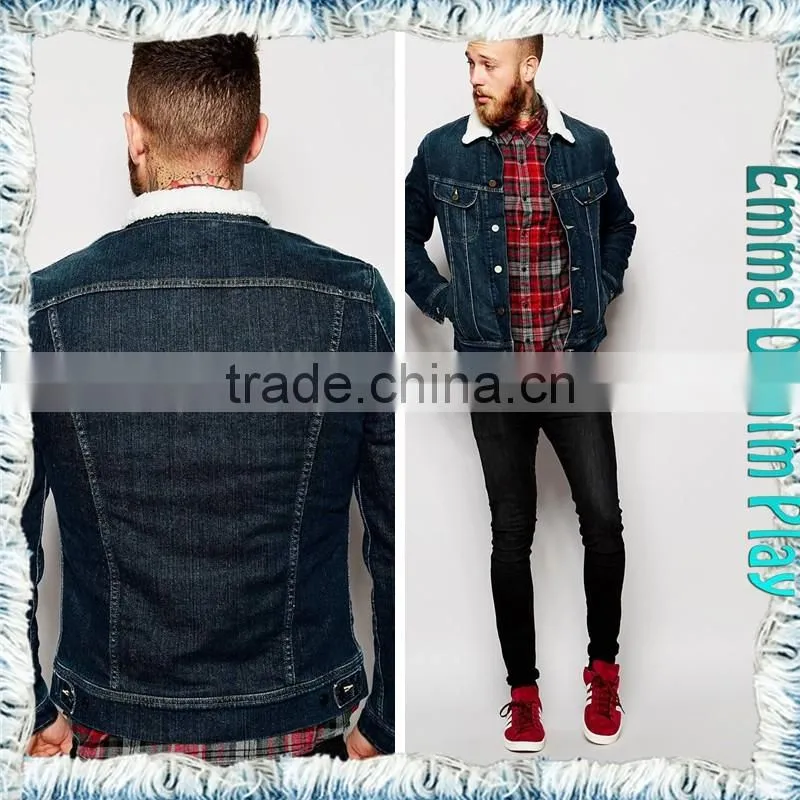 2016 Latest Model Mens Fashion Buttons Up Blue Fleece Lining Denim Jacket