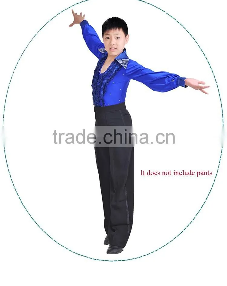 Boys Rhinstone Collar Stage Competition Clothes Kids Long Sleeve Latin Cha-Cha Dance Shirts Leotard