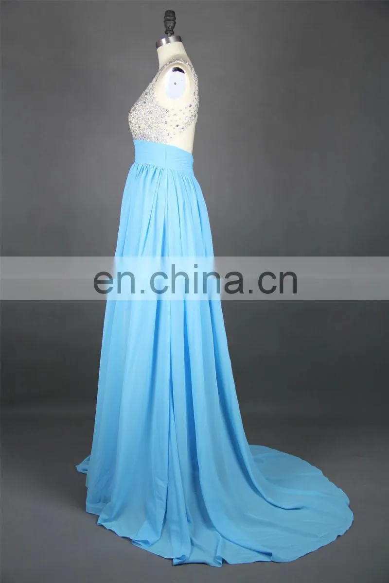 New Arrival Evening Gown Chiffon Beaded See Through Nude Back High Neck Key Hole Open Back Light Blue Formal Long Evening Dress