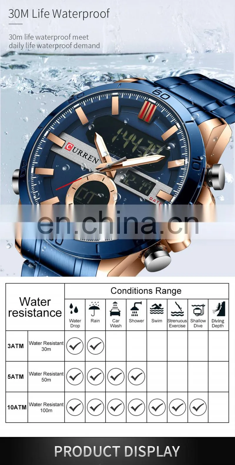 CURREN 8384 Men's Digital Watches Fashion Sport Stainless Steel Chronograph Luminous LED Gold Watch