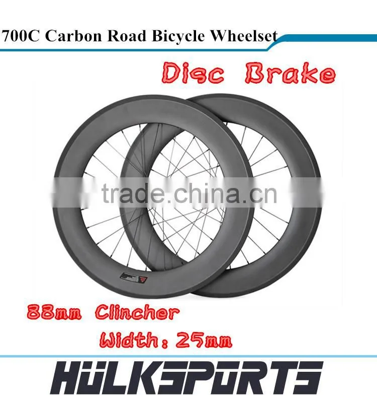 Disc Brake Road bicycle wheels wholesale 700c full carbon road bike Clincher wheelset 88mm carbon wheels with 25mm width