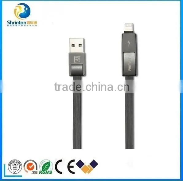 REMAX New Product 2 in 1 USB Cable Metal Connector 2.1A Fast Charging Data Cable For Iphone And Samsung Devices
