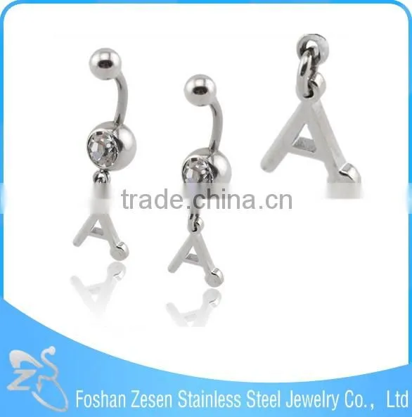 Professional OEM factory surgical steel crystal hanging letter belly button ring