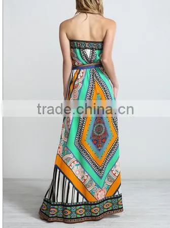 Glamorous geometric printed sleeveless bandeau long tube bangkok dress