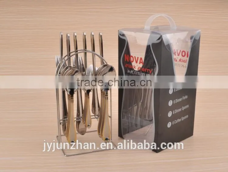 24pcs Gold plated flatware with shelf and PVC box made by stainless steel and competitve price